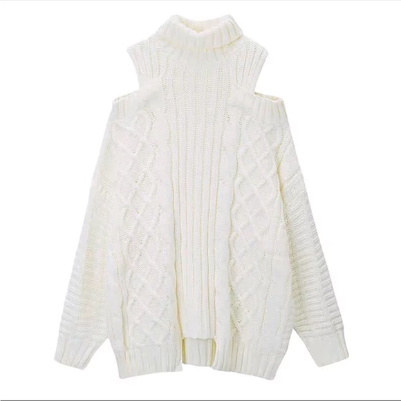 Cream cable knit cold shoulder long turtleneck oversized sweater - Picture 6 of 11